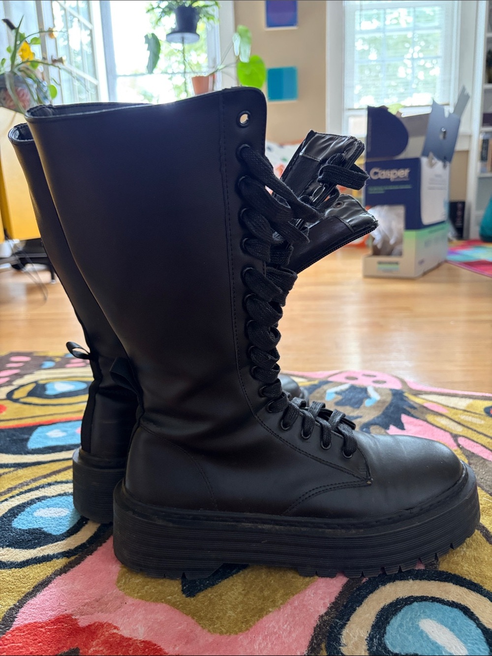 ASOS Black Platform Lace-Up Knee Boots zipper 16 eye
